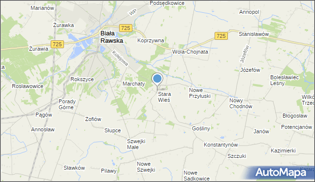 mapa Stara Wieś, Stara Wieś gmina Biała Rawska na mapie Targeo
